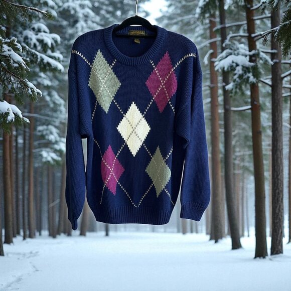Eddie Bauer Men's Vintage 90s Preppy Oversized Argyle Cotton Sweater Size XL - Picture 1 of 7